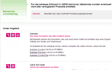Screenshot der DSL-Verfügbarkeit bei der Telekom